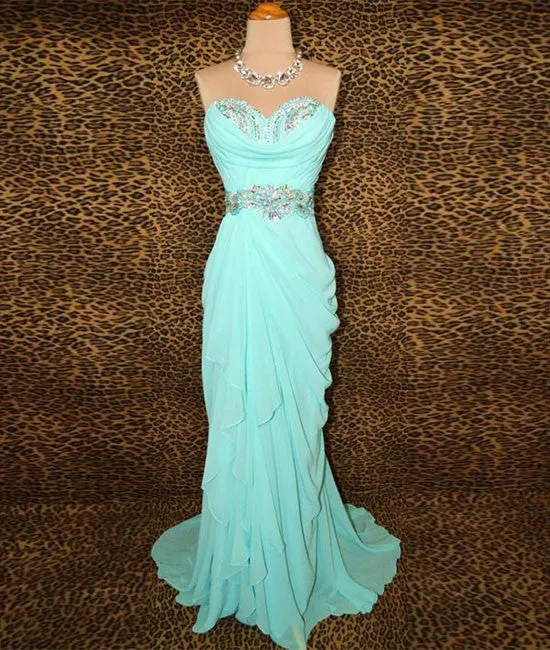 Unique blue chiffon beads long prom dress, blue evening dress