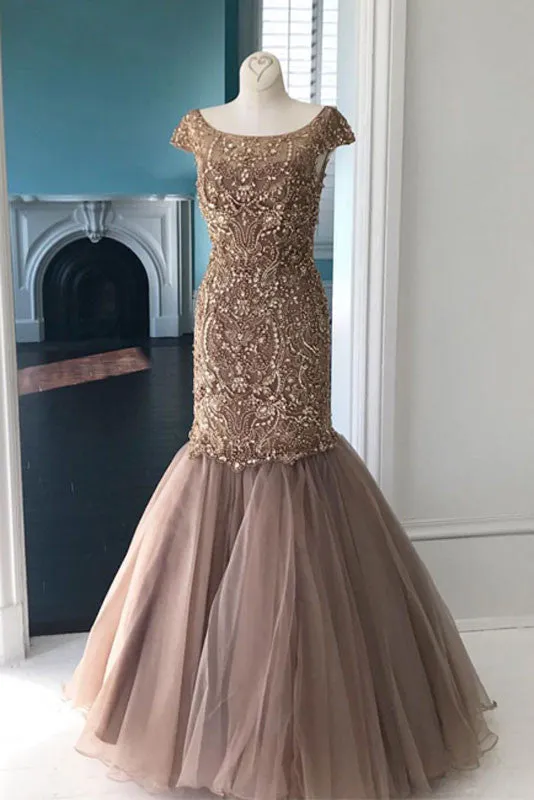 Unique round neck tulle sequin beads mermaid long prom dress, champagne evening dress