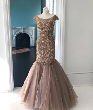 Unique round neck tulle sequin beads mermaid long prom dress, champagne evening dress