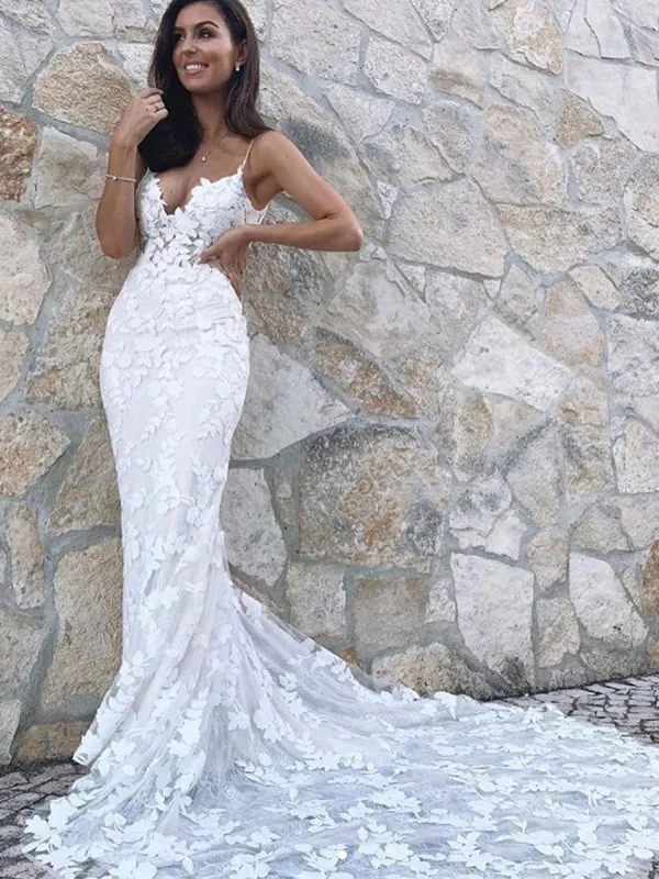 V Neck Mermaid White Appliques Long Wedding Prom with Train, Mermaid White Lace Appliques Formal Evening