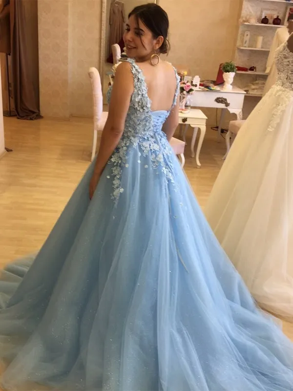 V Neck Open Back Blue Lace Long Prom Dresses, Blue Tulle Formal Dresses, Blue Lace Evening Dresses