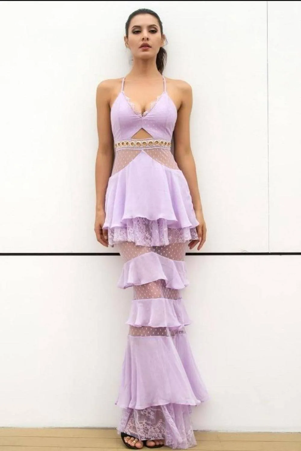 Valerie Layered Chiffon Lace Mermaid Maxi Dress - Light purple