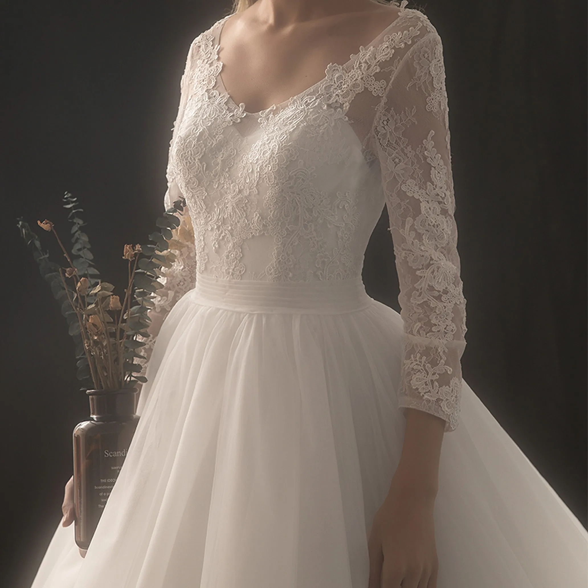 VB V-Neck Long Sleeve Ball Gown Wedding Dress