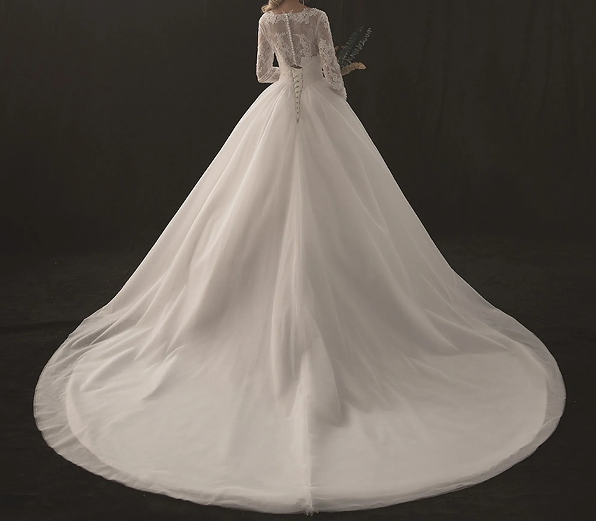 VB V-Neck Long Sleeve Ball Gown Wedding Dress