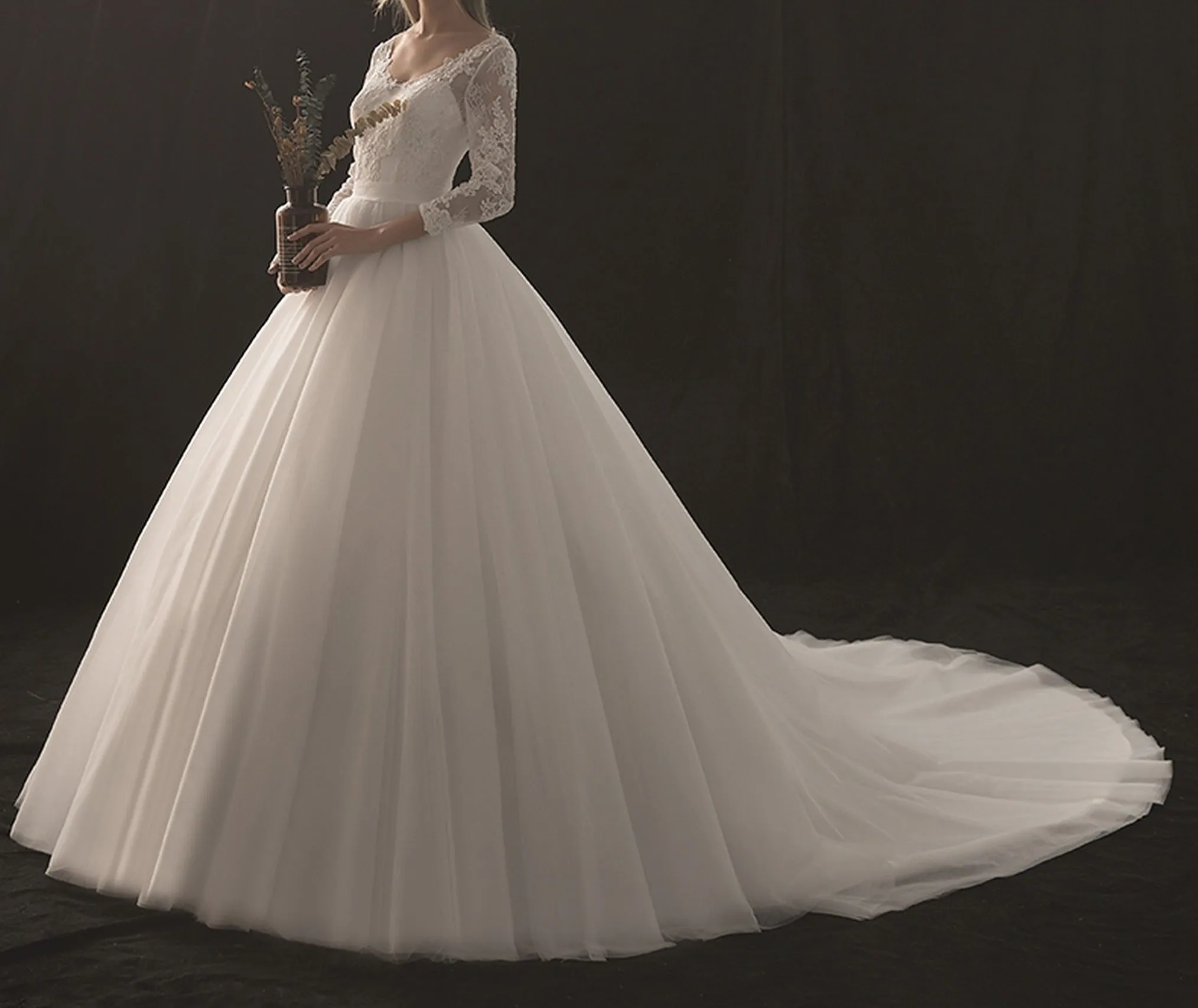 VB V-Neck Long Sleeve Ball Gown Wedding Dress