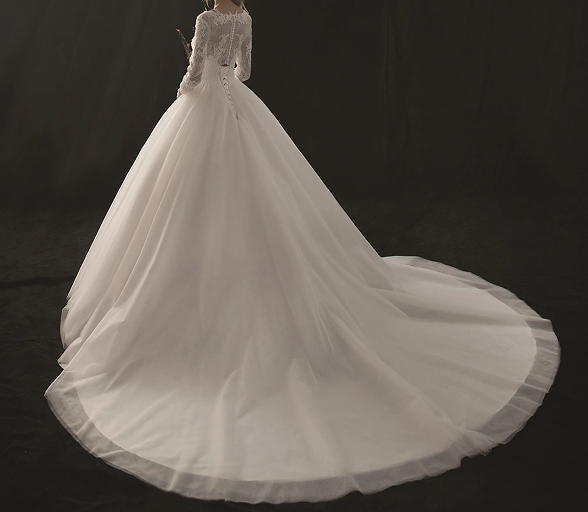 VB V-Neck Long Sleeve Ball Gown Wedding Dress