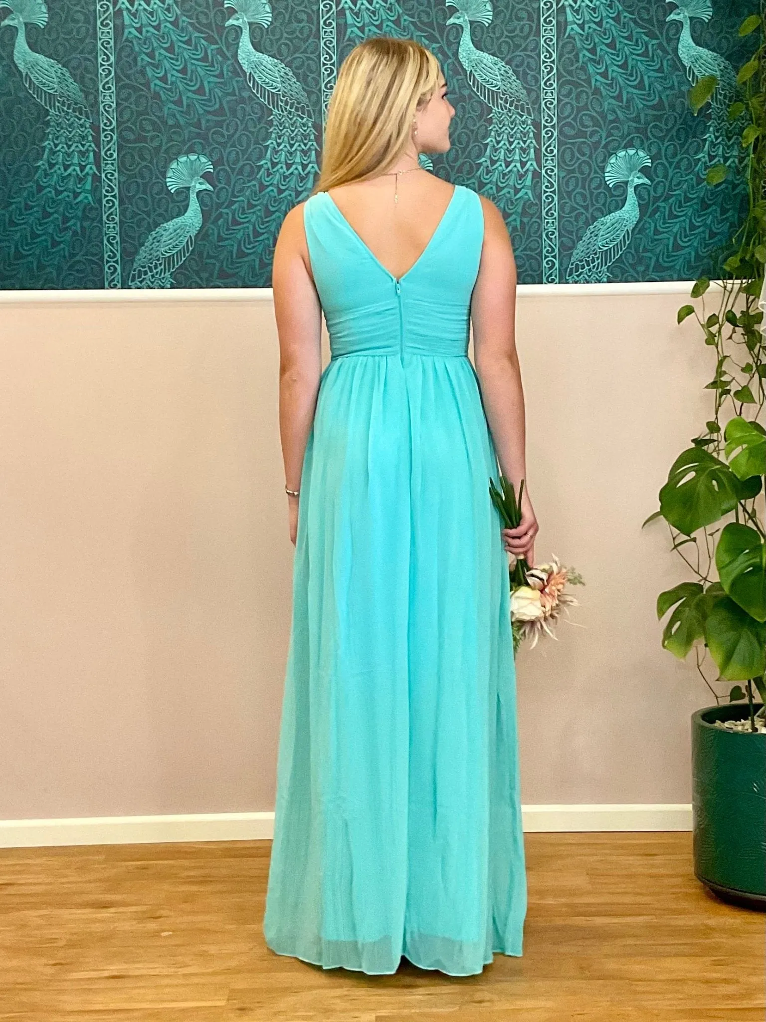 Veda full length classic chiffon bridesmaid dress in aqua Express NZ wide!