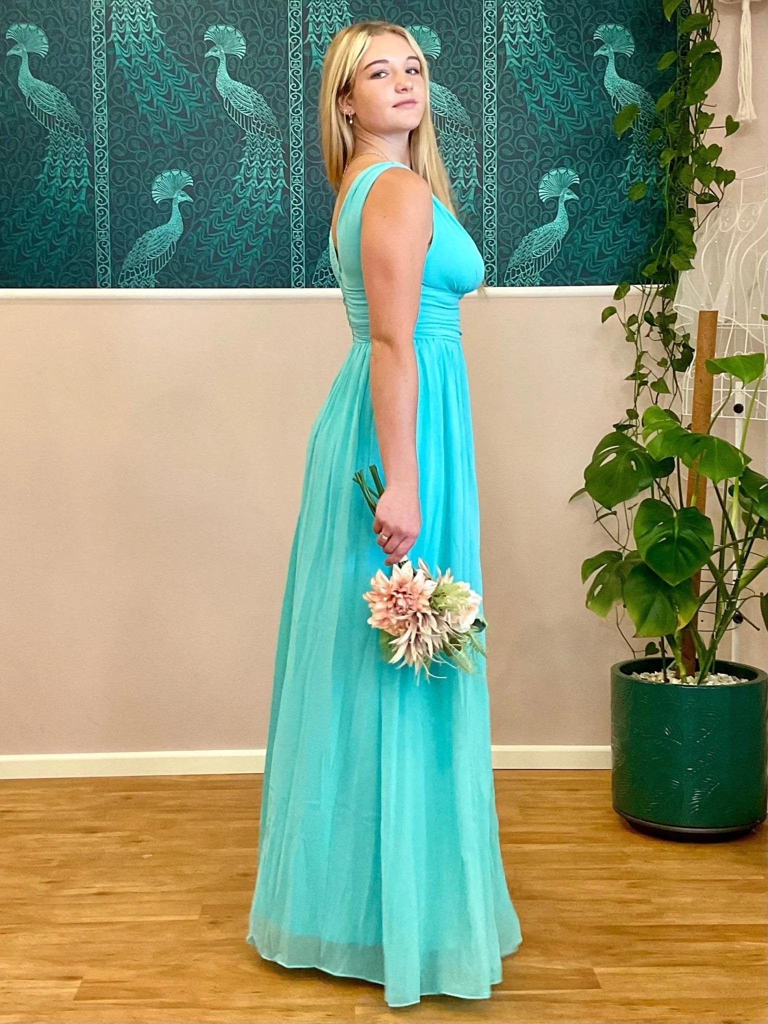Veda full length classic chiffon bridesmaid dress in aqua Express NZ wide!