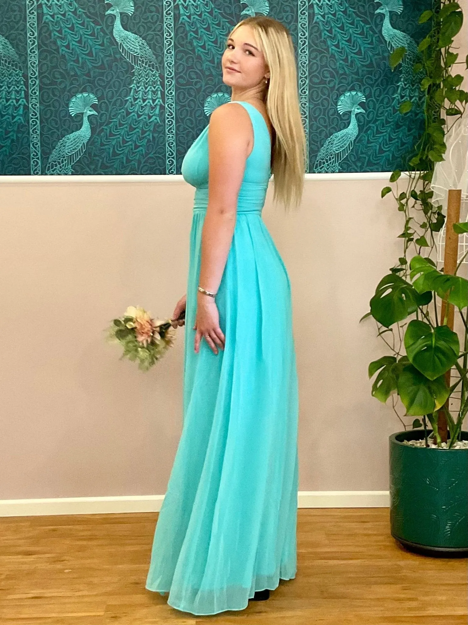Veda full length classic chiffon bridesmaid dress in aqua Express NZ wide!