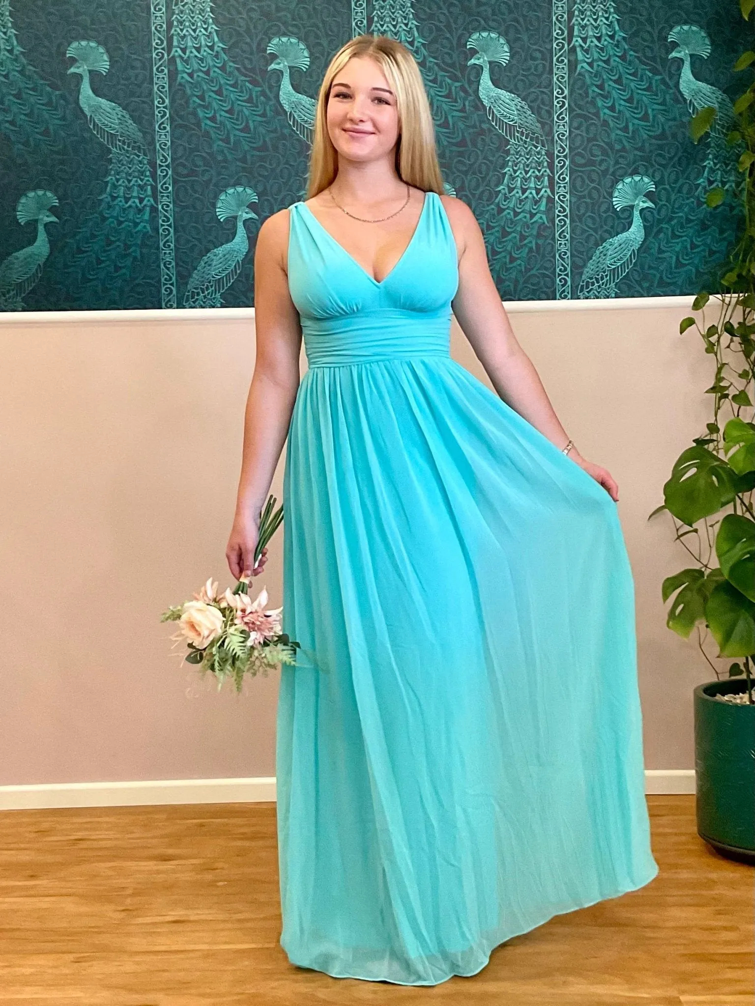 Veda full length classic chiffon bridesmaid dress in aqua Express NZ wide!