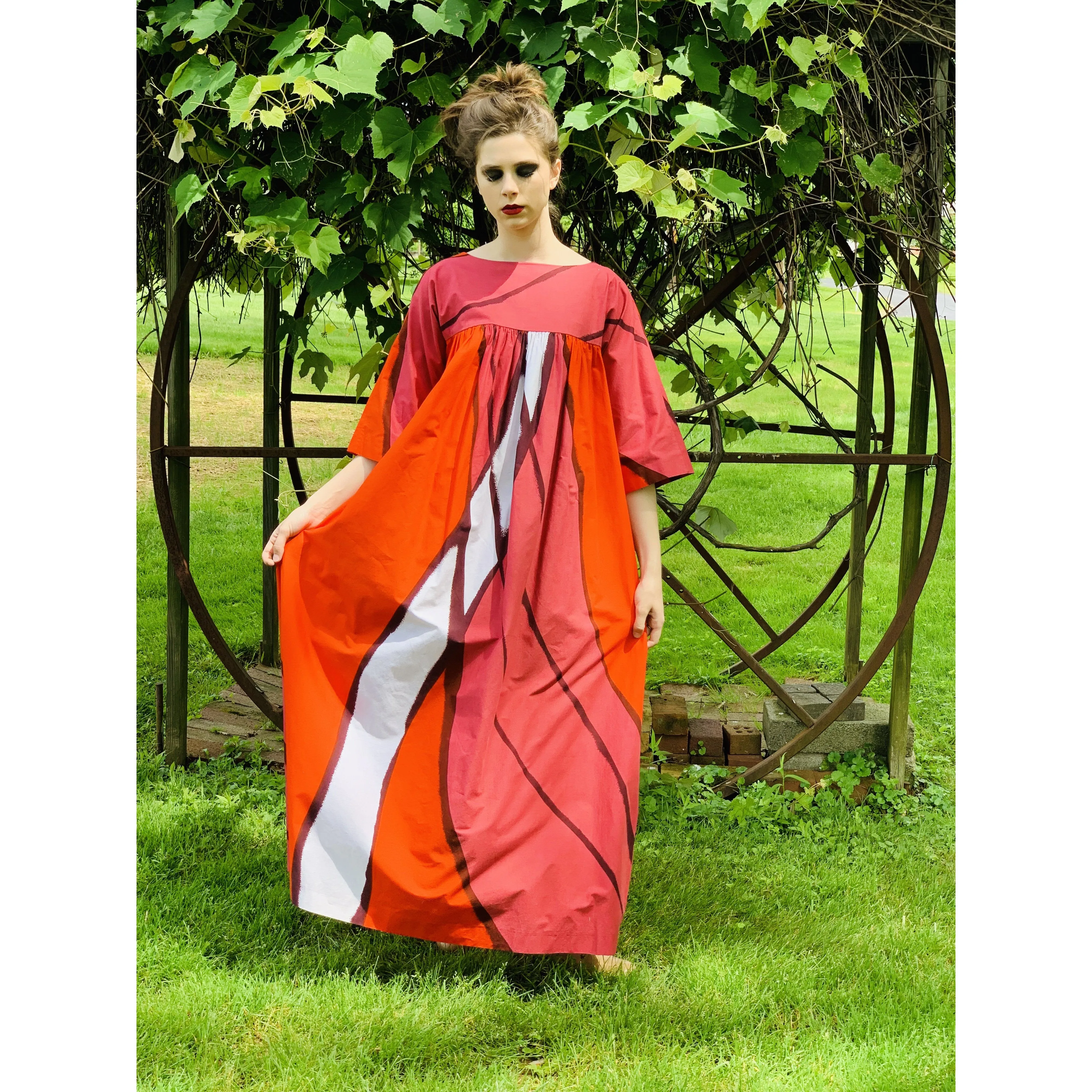 Vintage Marimekko  Gown Red Pink Cotton 1970s Heavy Cotton XS Womens Dress