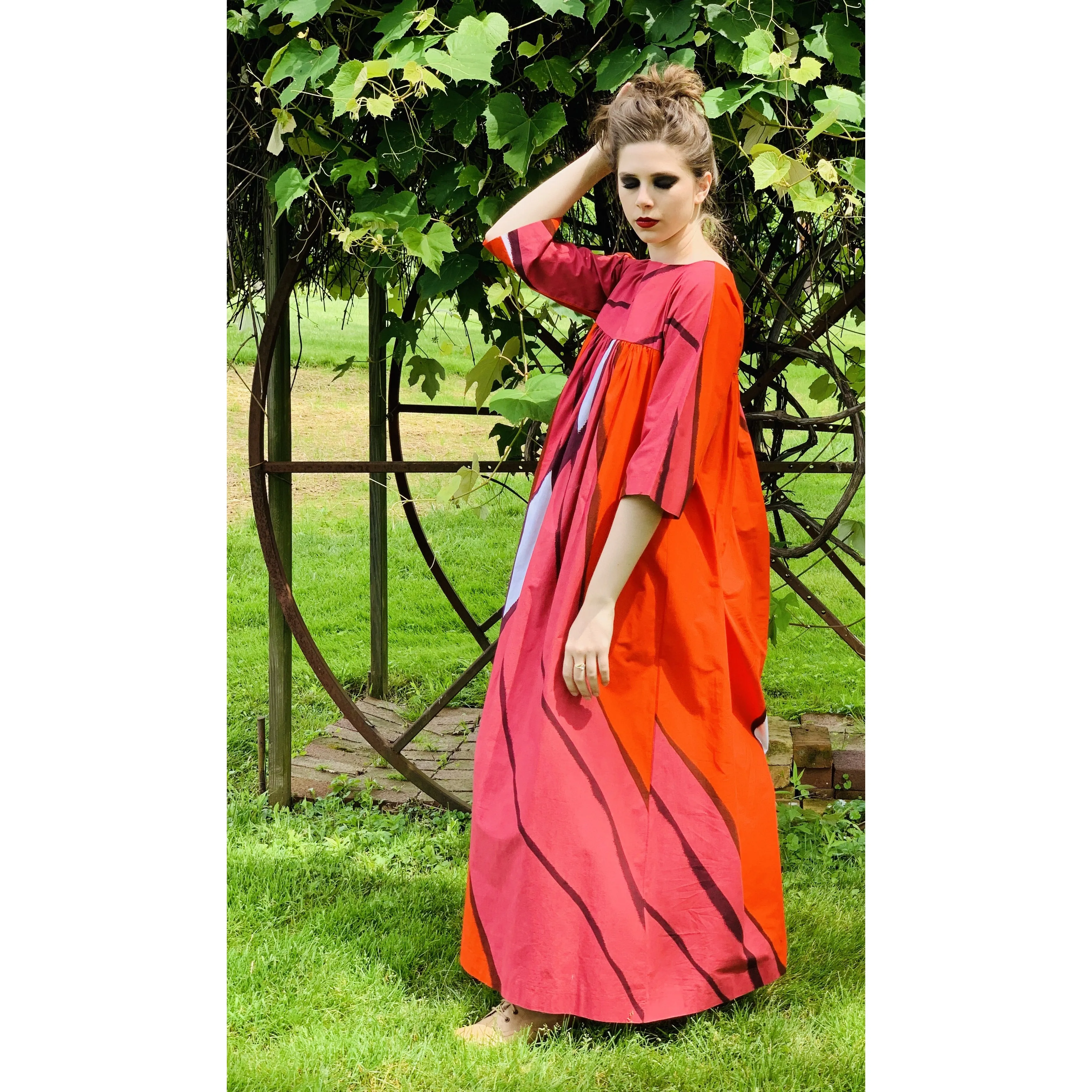 Vintage Marimekko  Gown Red Pink Cotton 1970s Heavy Cotton XS Womens Dress