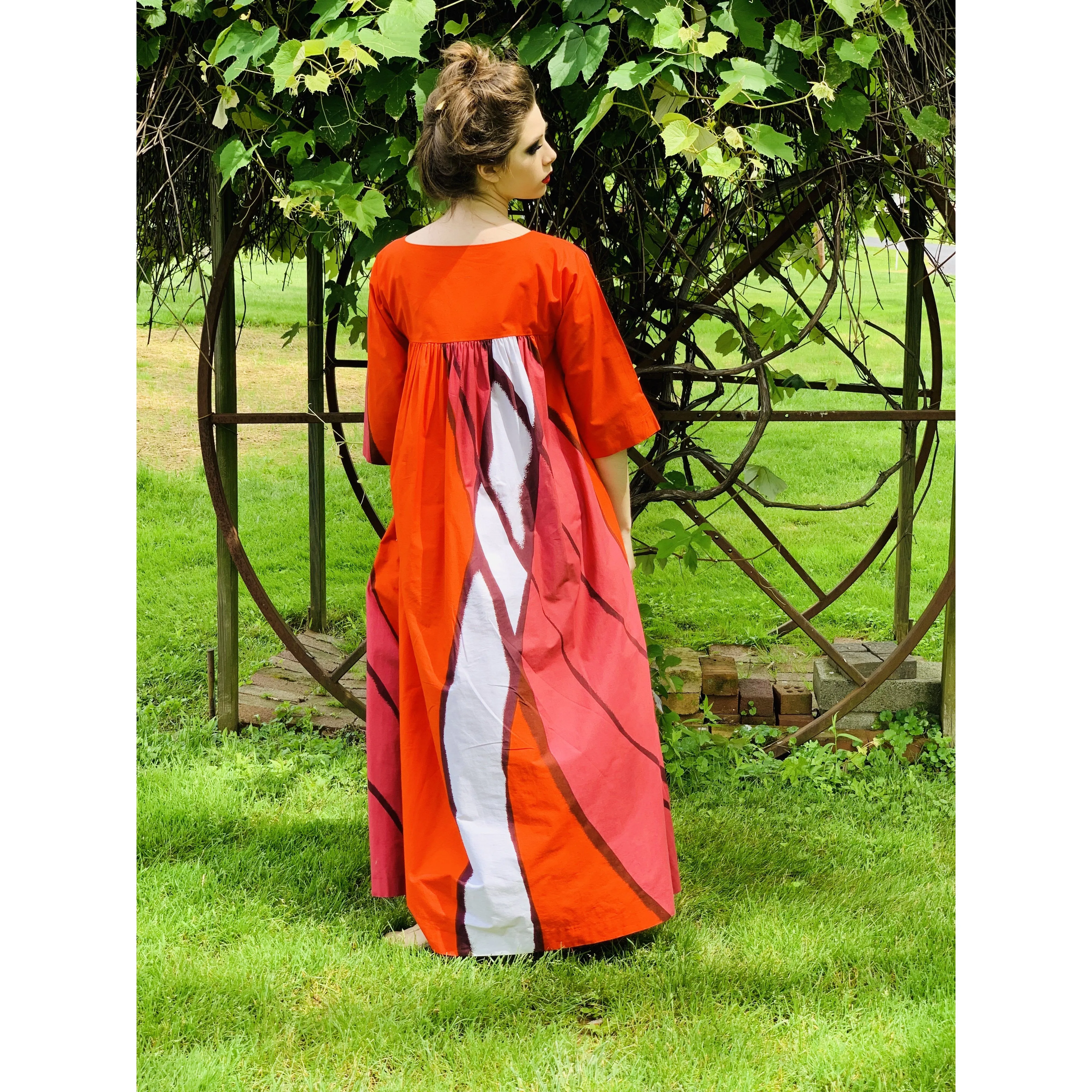 Vintage Marimekko  Gown Red Pink Cotton 1970s Heavy Cotton XS Womens Dress