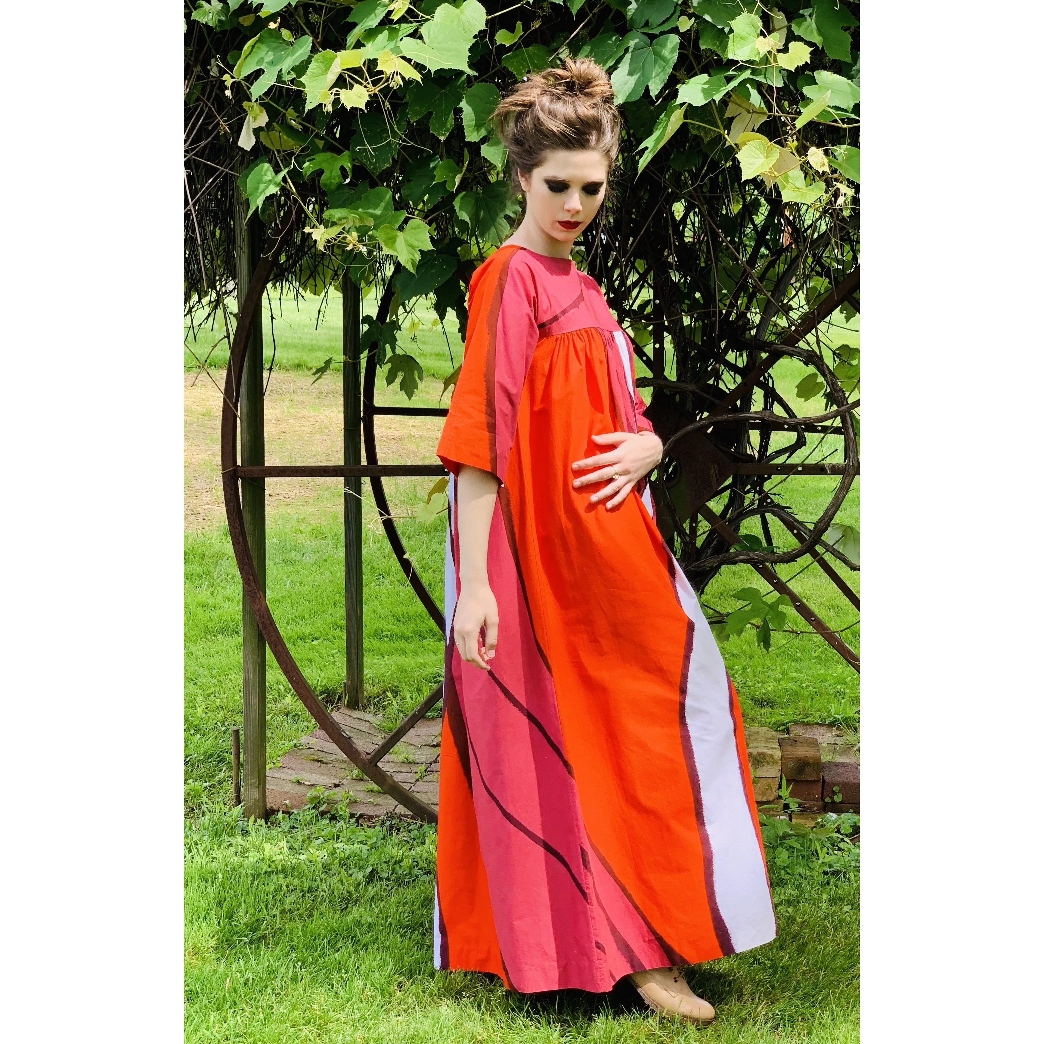 Vintage Marimekko  Gown Red Pink Cotton 1970s Heavy Cotton XS Womens Dress
