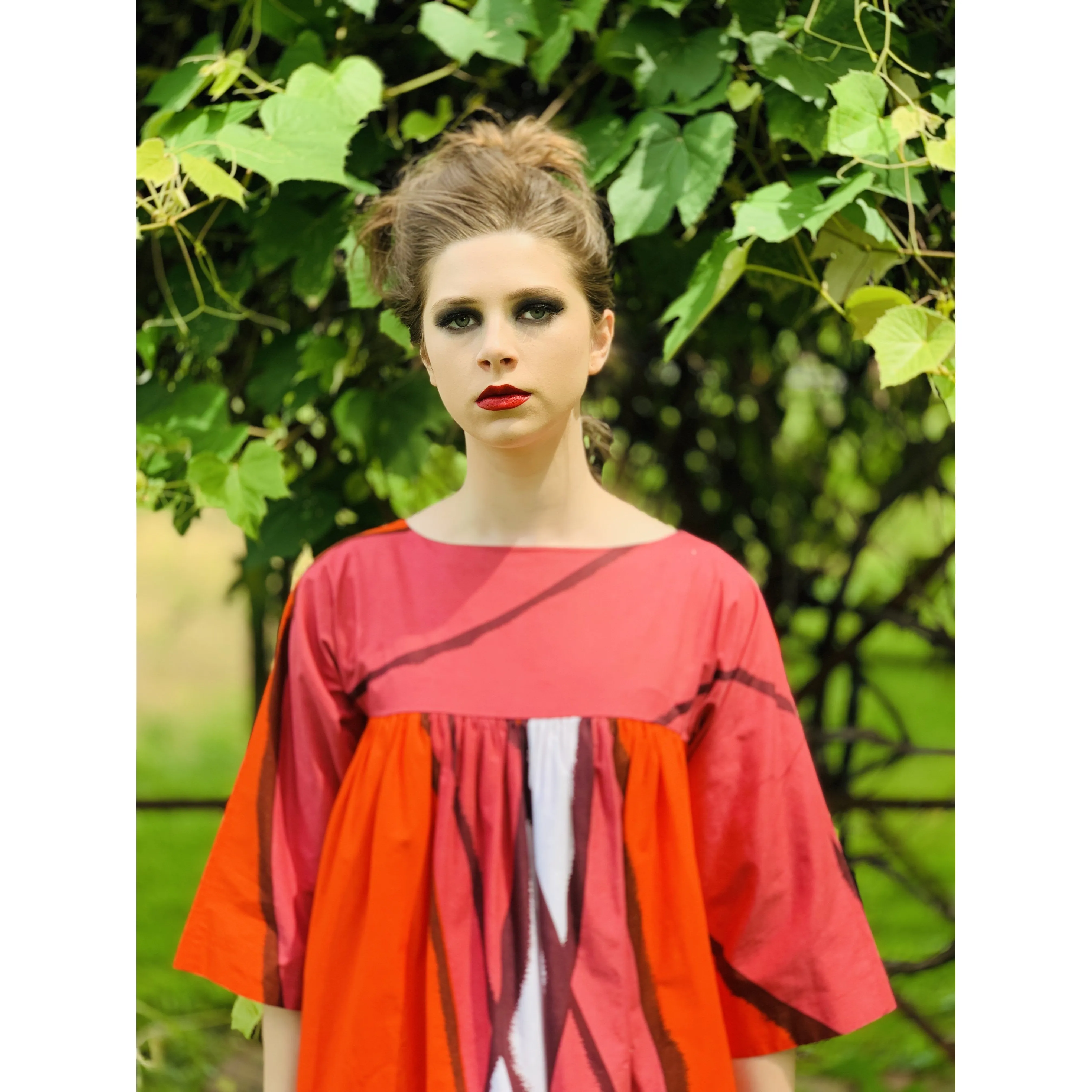 Vintage Marimekko  Gown Red Pink Cotton 1970s Heavy Cotton XS Womens Dress