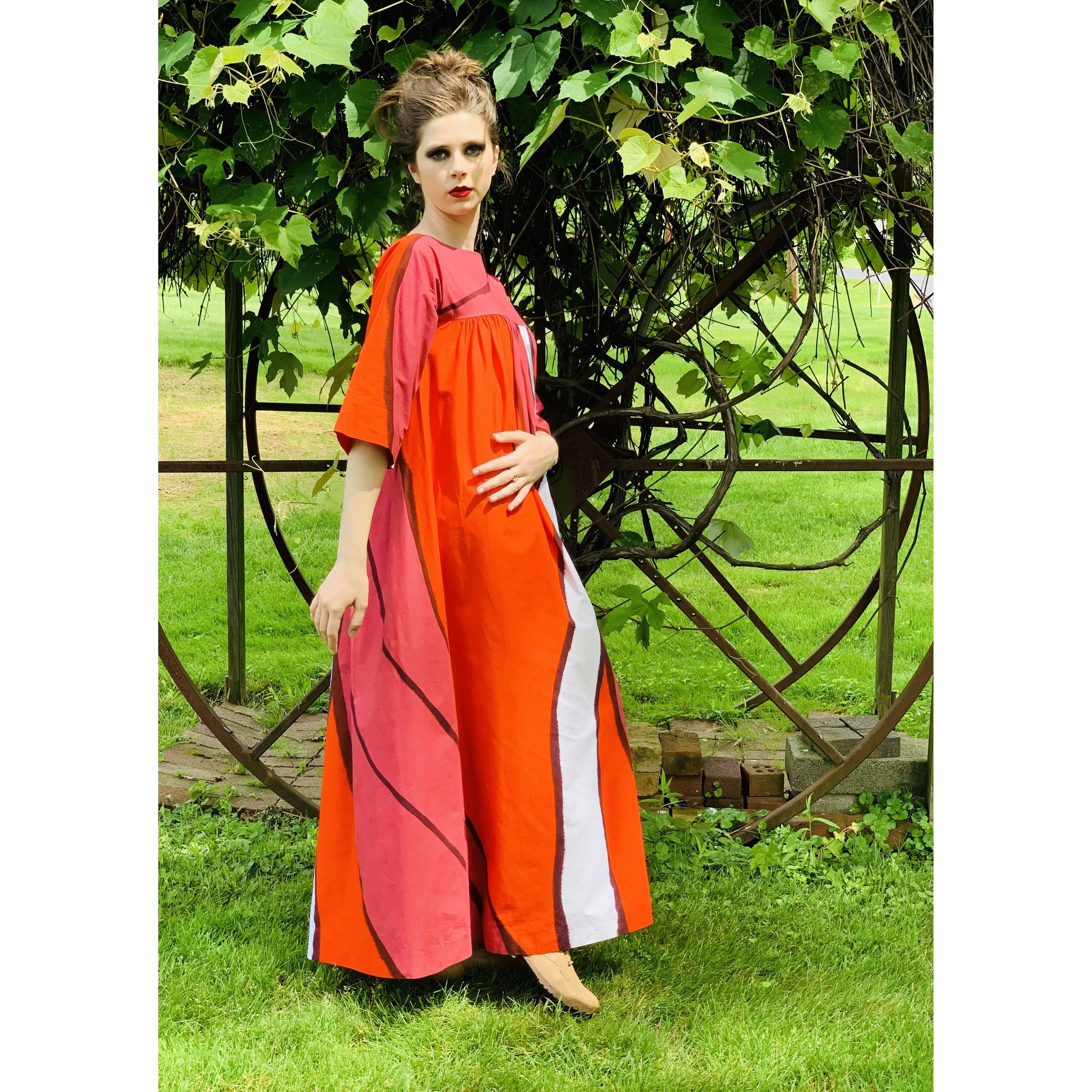Vintage Marimekko  Gown Red Pink Cotton 1970s Heavy Cotton XS Womens Dress