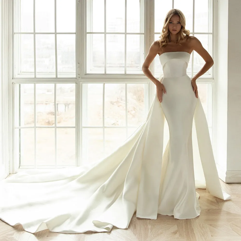 Wedding Dress with Detachable Train Strapless Simple Brautkleid Bow Back
