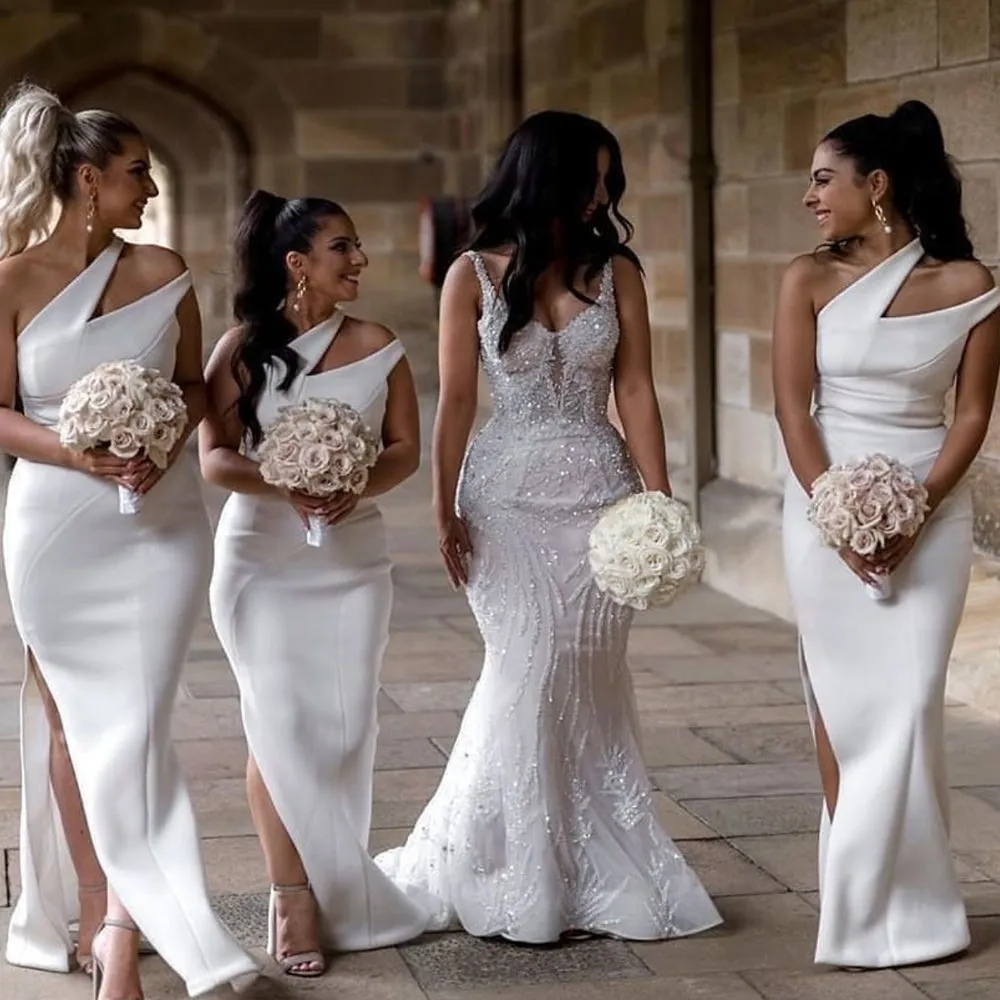 white bridesmaid dresses for weddings 2021 mermaid one shoulder cheap custom wedding guest dresses