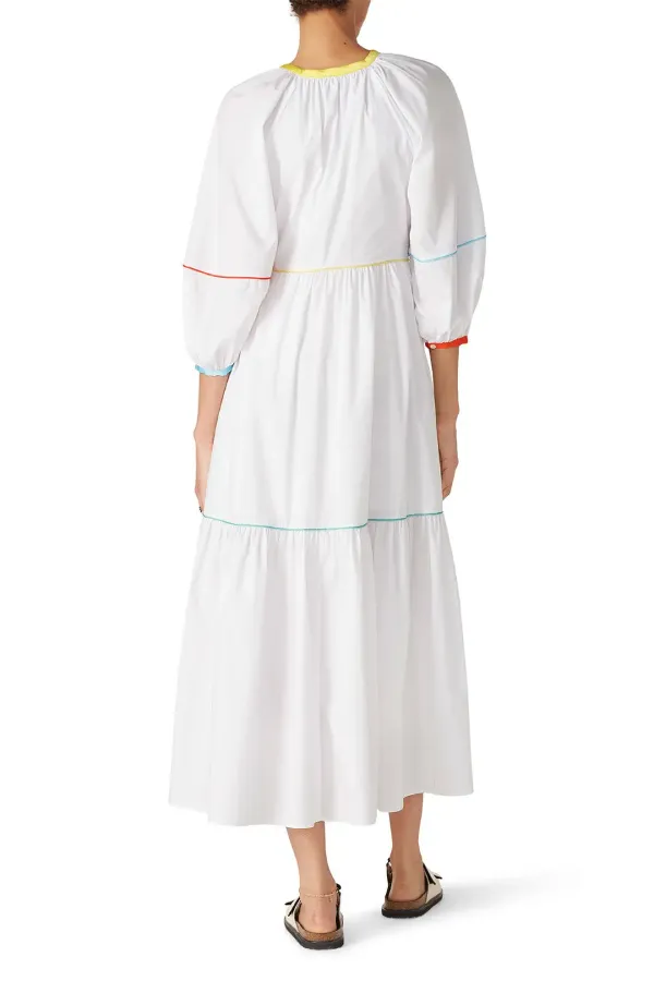 White Cotton Poplin Puff Sleeve Loose Mid-length Dress