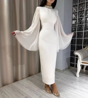 White Long Sleeves Evening Dress Custom Made Ankle Length Prom Gown    fg4587