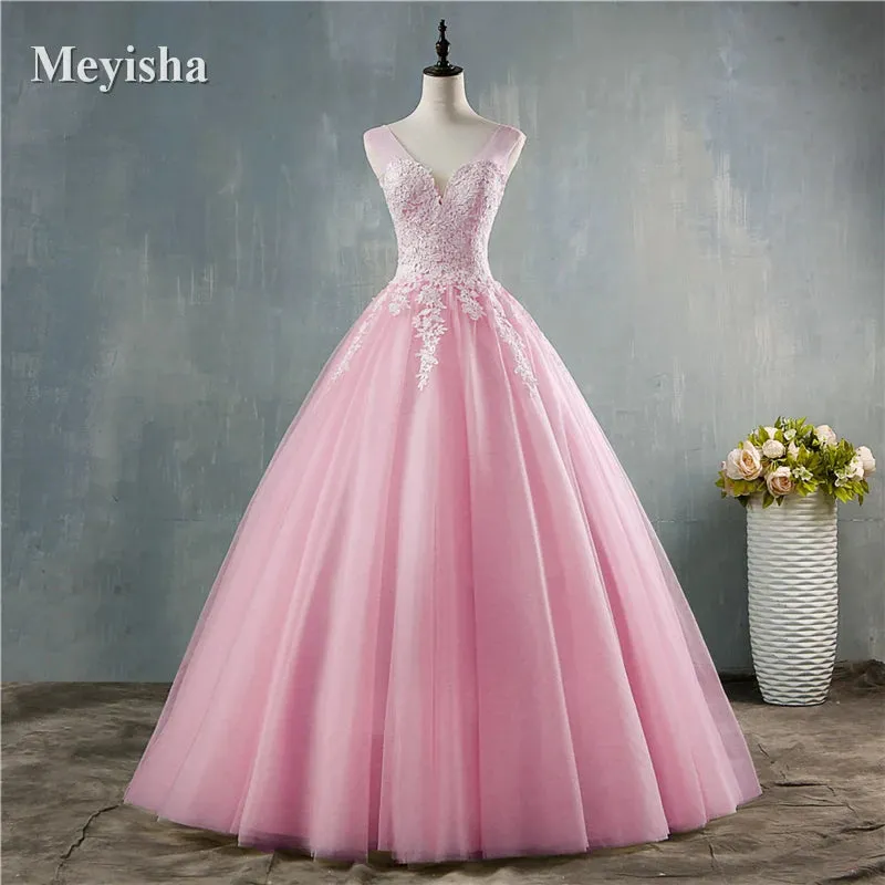 White Pink Champagne Deep V Neck Elegant Ball Gown Wedding Dresses For Brides