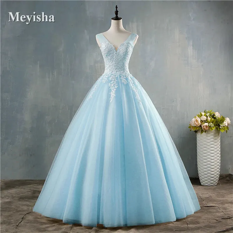 White Pink Champagne Deep V Neck Elegant Ball Gown Wedding Dresses For Brides