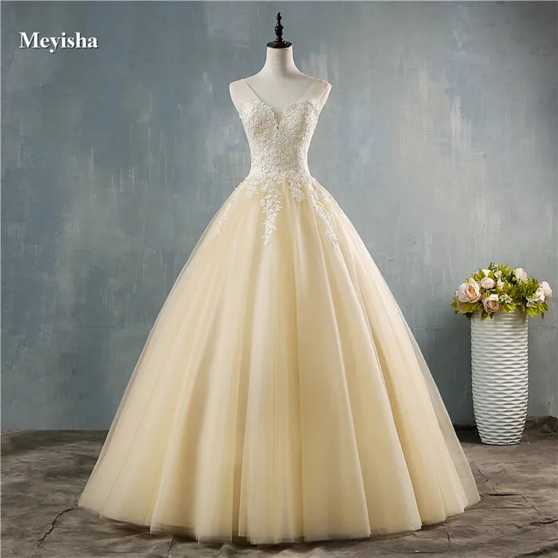 White Pink Champagne Deep V Neck Elegant Ball Gown Wedding Dresses For Brides