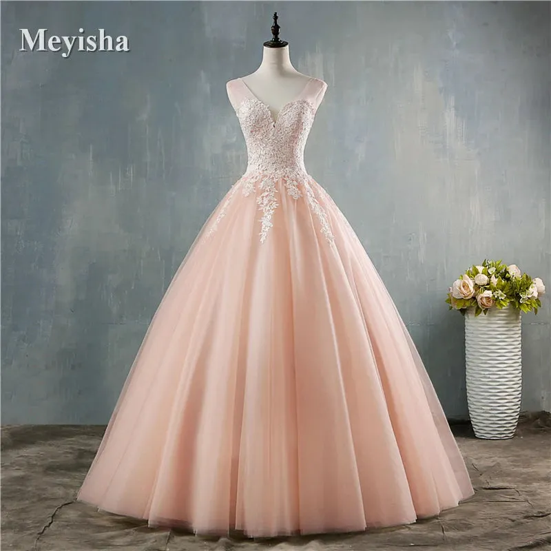 White Pink Champagne Deep V Neck Elegant Ball Gown Wedding Dresses For Brides