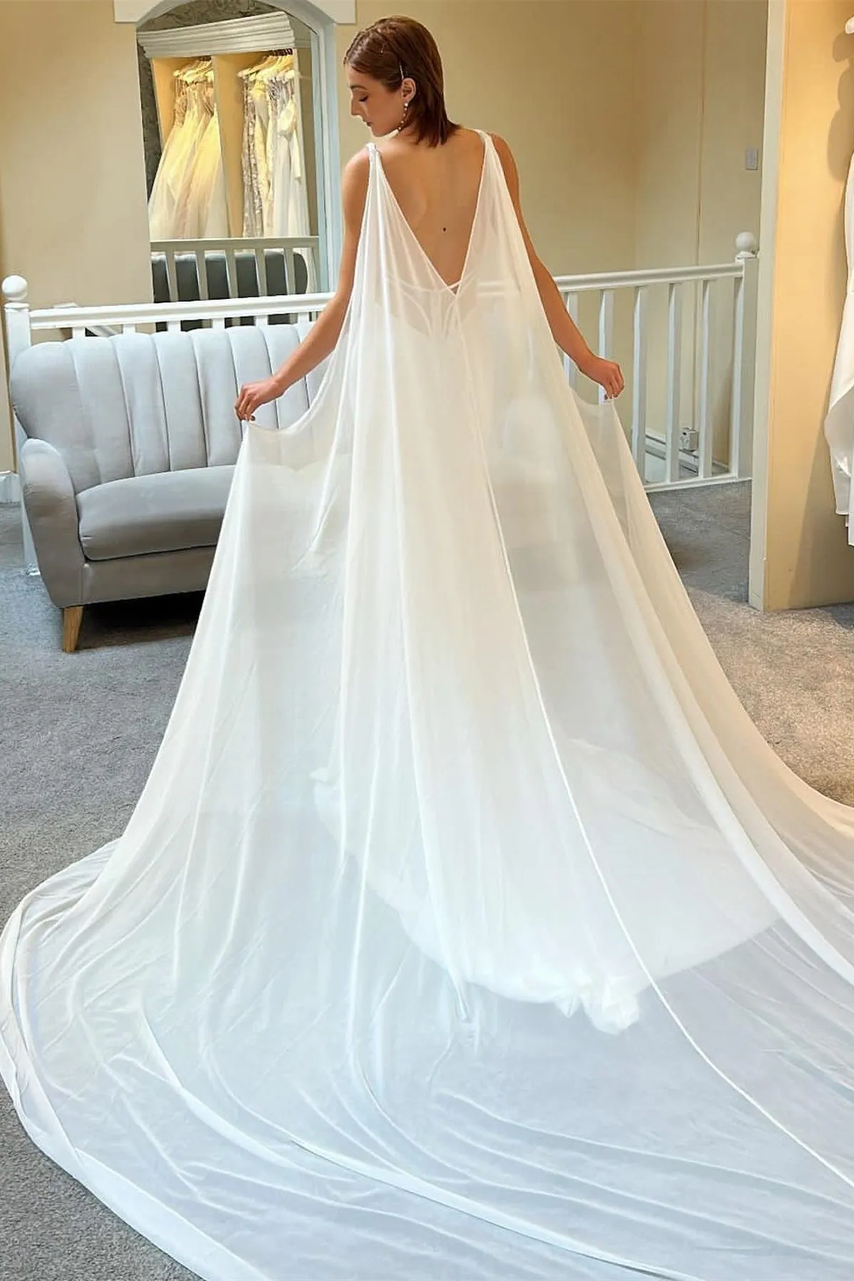 White Plunge V Mermaid Long Wedding Dress with Detachable Cape