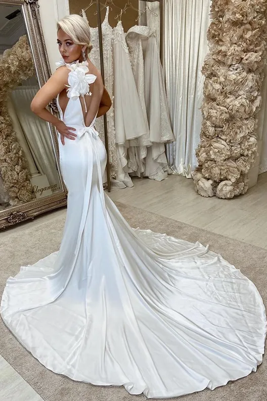 White Satin Backless Mermaid Wedding Dress with Flowers