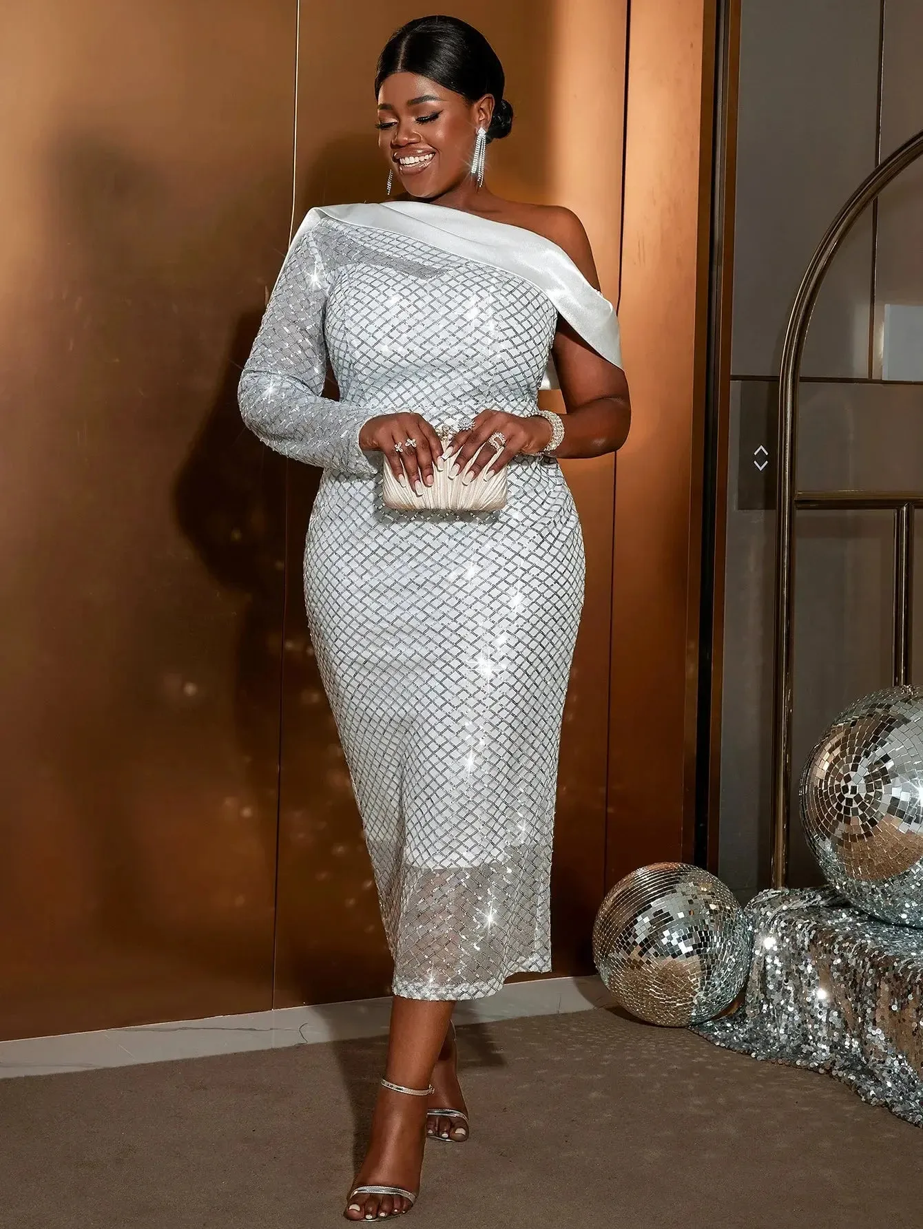 White Sequin Plaid Pattern Off Shoulder Backless Gown