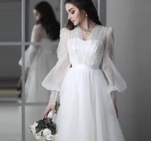 White Simple Sexy Wedding Dress Lantern Sleeves Beading Photography Bridal Gown Custom Made