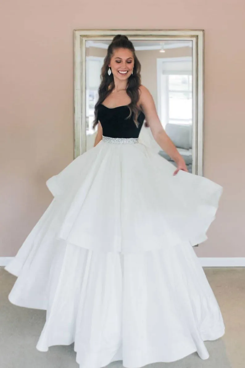 White sweetheart tulle long prom dress white evening dress