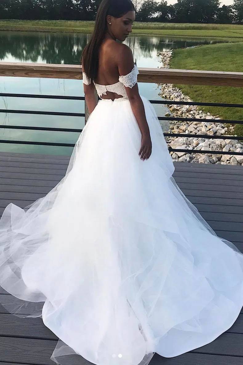White tulle lace long prom dress, tulle evening dress