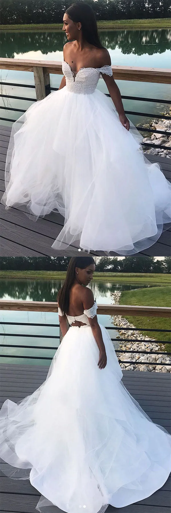 White tulle lace long prom dress, tulle evening dress