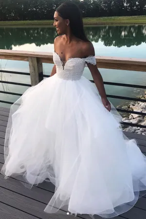 White tulle lace long prom dress, tulle evening dress