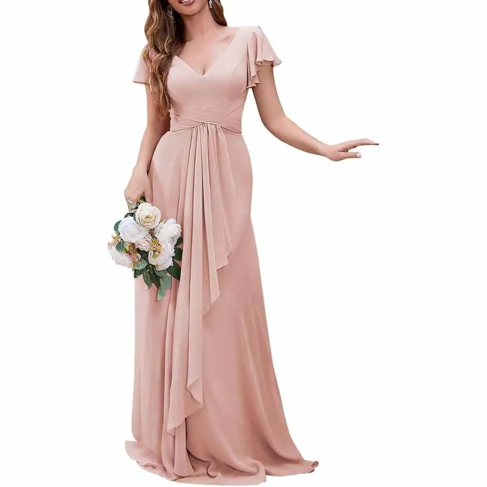 Women Chiffon Bridesmaid Dresses Short Sleeve Long Prom Dress V Neck Evening Gown