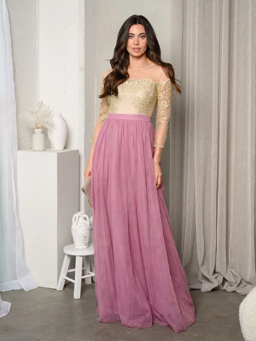 WOMEN'S 3/4 SLEEVE EMBROIDERY MESH MAXI GOWN DRESS