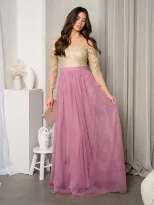 WOMEN'S 3/4 SLEEVE EMBROIDERY MESH MAXI GOWN DRESS
