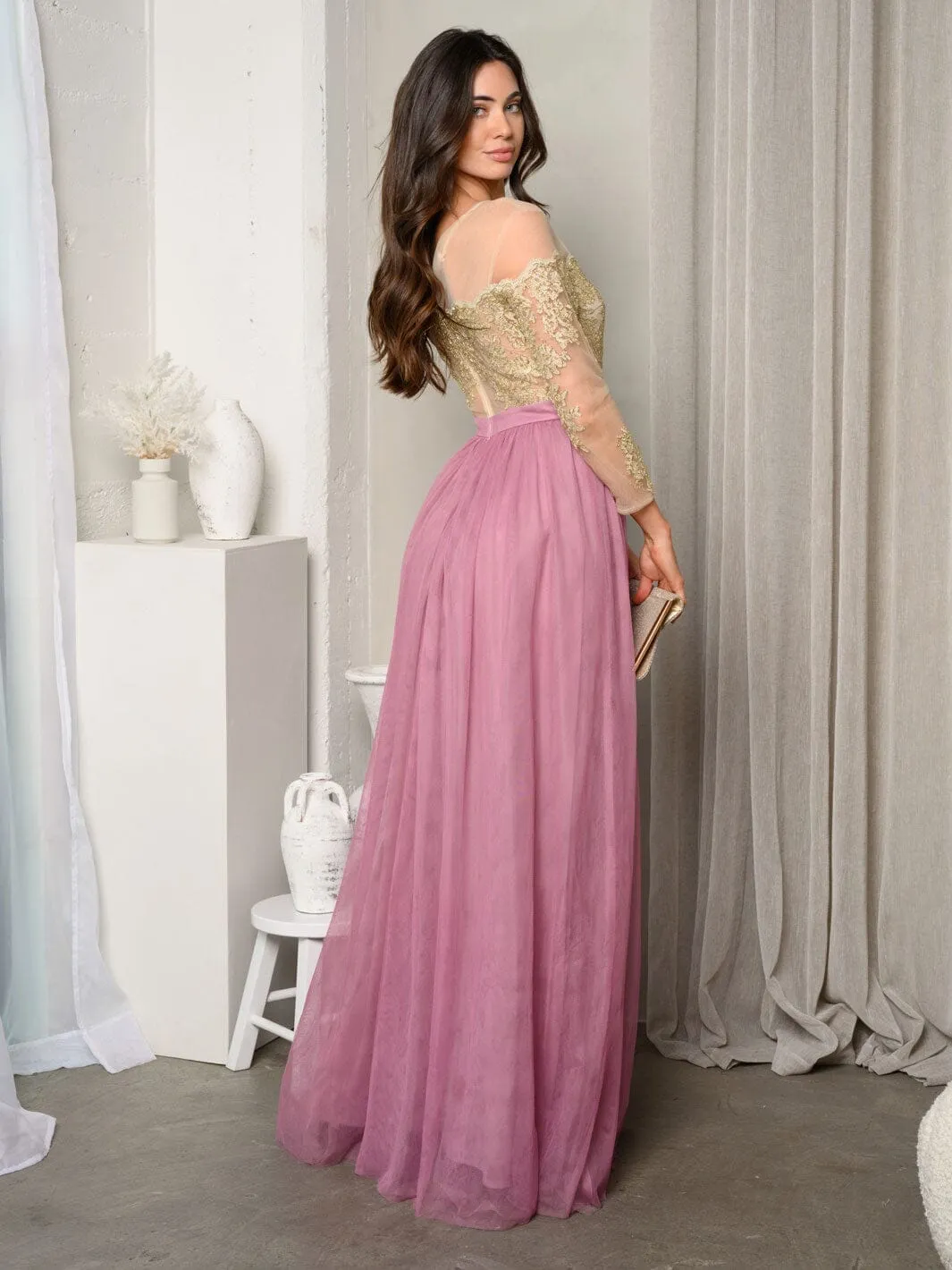 WOMEN'S 3/4 SLEEVE EMBROIDERY MESH MAXI GOWN DRESS