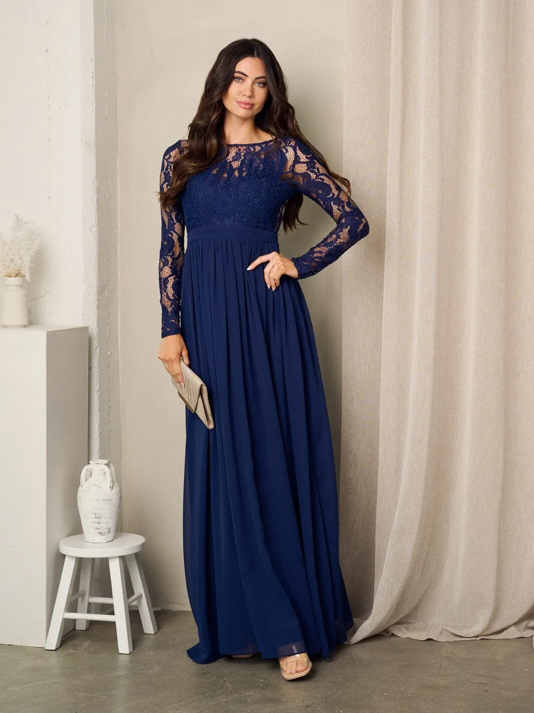 WOMEN'S LONG SLEEVE LACE OPEN BACK MAXI GOWN DRESS