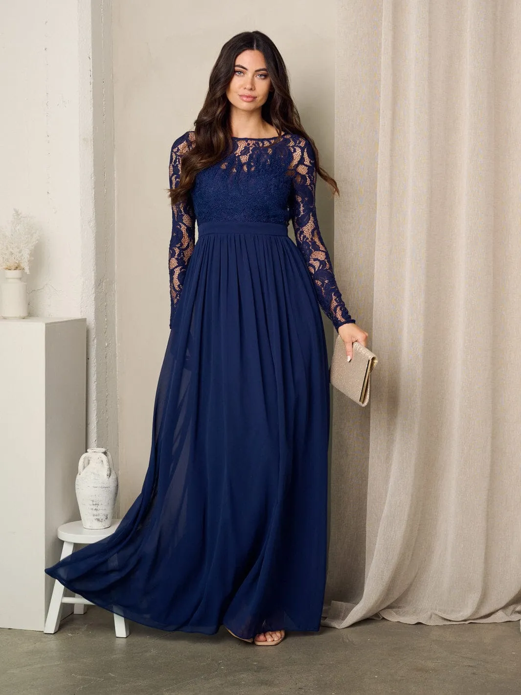 WOMEN'S LONG SLEEVE LACE OPEN BACK MAXI GOWN DRESS