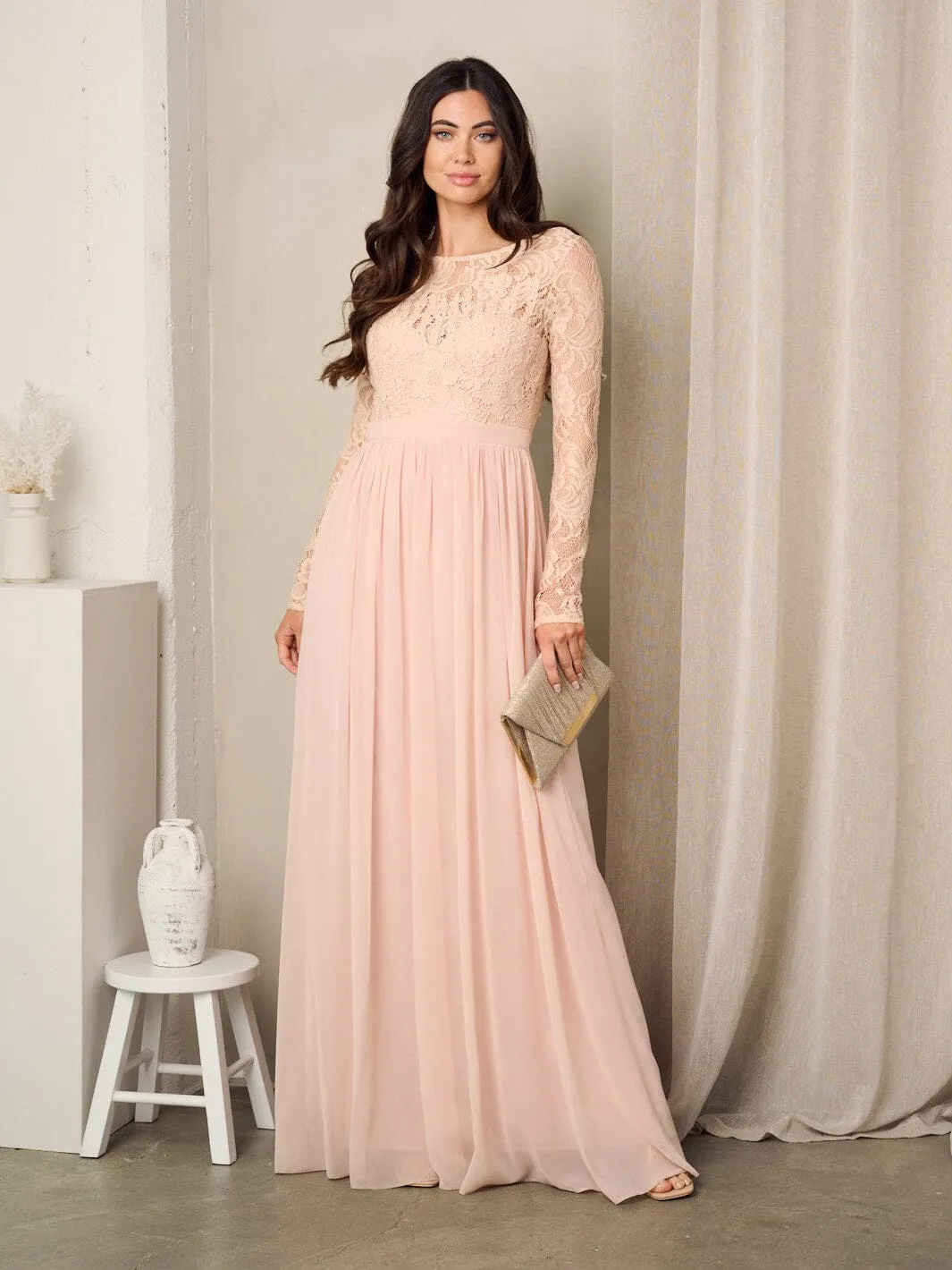 WOMEN'S LONG SLEEVE LACE OPEN BACK MAXI GOWN DRESS