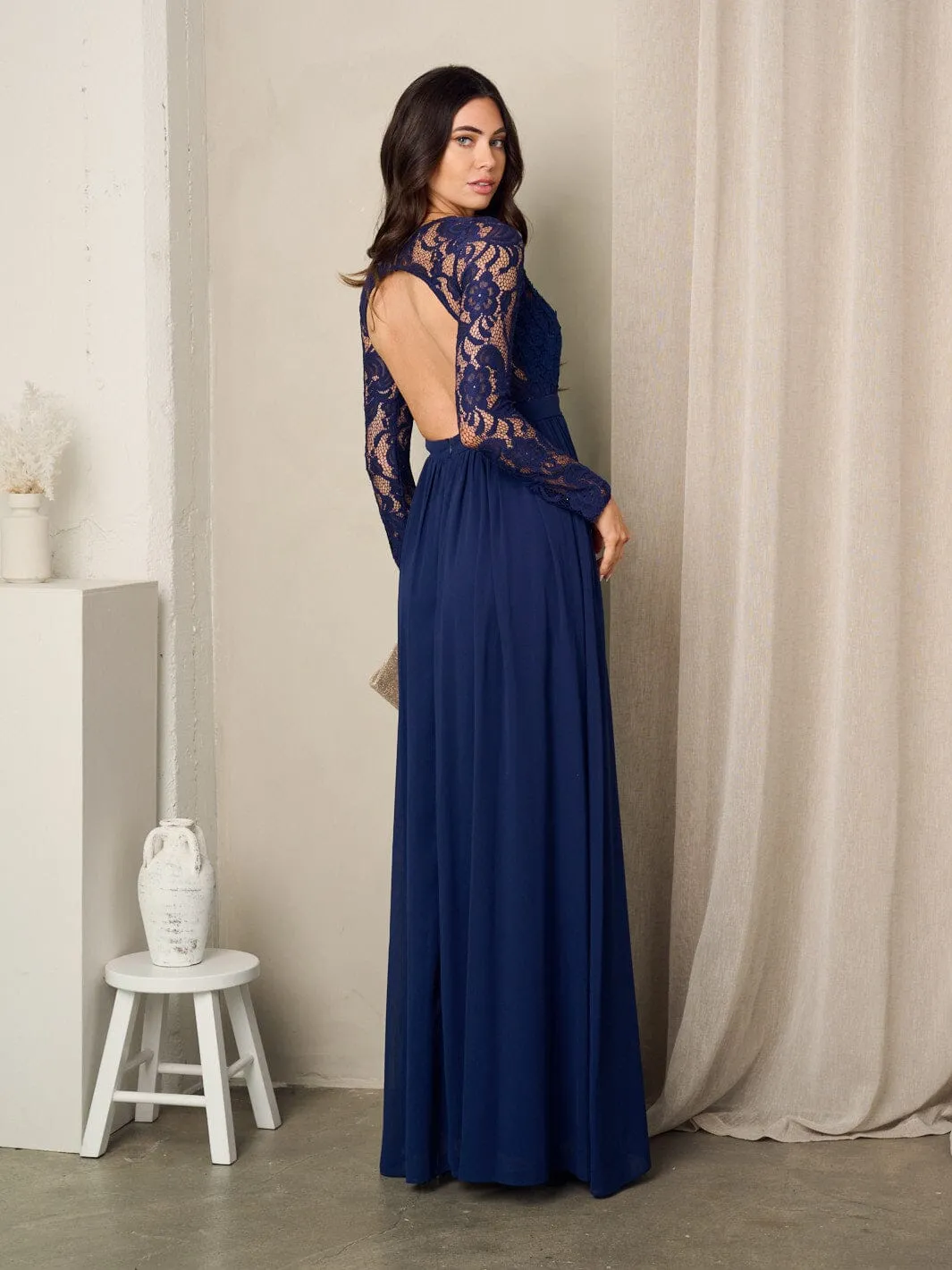 WOMEN'S LONG SLEEVE LACE OPEN BACK MAXI GOWN DRESS