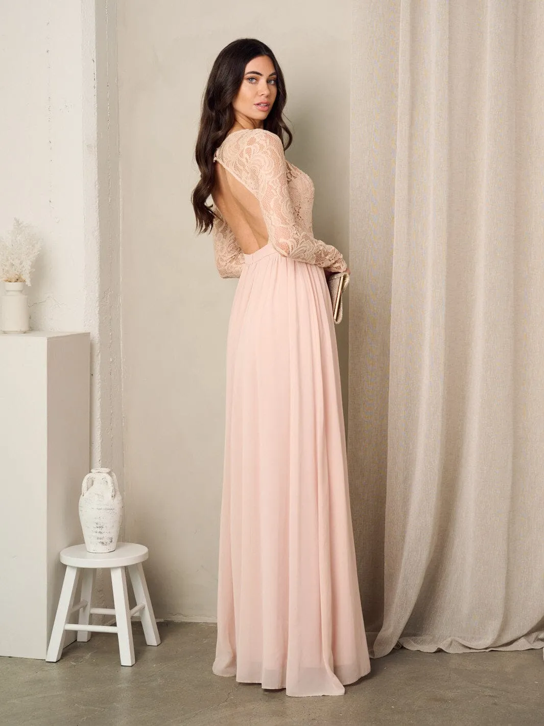 WOMEN'S LONG SLEEVE LACE OPEN BACK MAXI GOWN DRESS