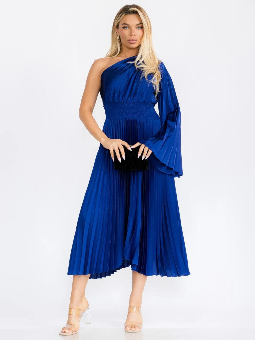 WOMEN'S ONE SHOULDER LONG BELL SLEEVE SMOCK WAIST PLEATED MAXI DRESS