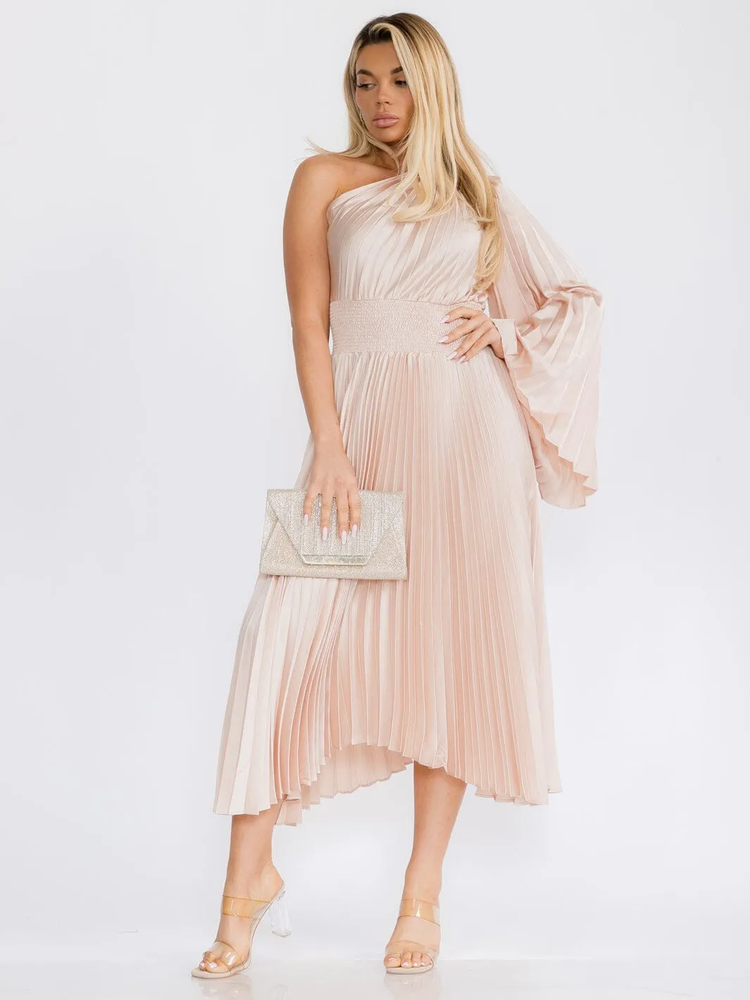 WOMEN'S ONE SHOULDER LONG BELL SLEEVE SMOCK WAIST PLEATED MAXI DRESS