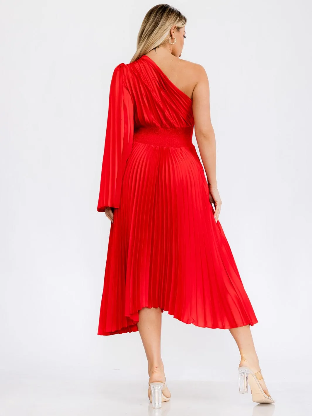 WOMEN'S ONE SHOULDER LONG BELL SLEEVE SMOCK WAIST PLEATED MAXI DRESS