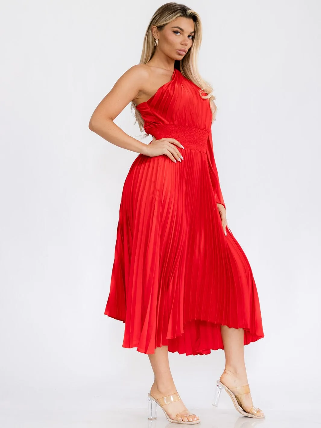 WOMEN'S ONE SHOULDER LONG BELL SLEEVE SMOCK WAIST PLEATED MAXI DRESS