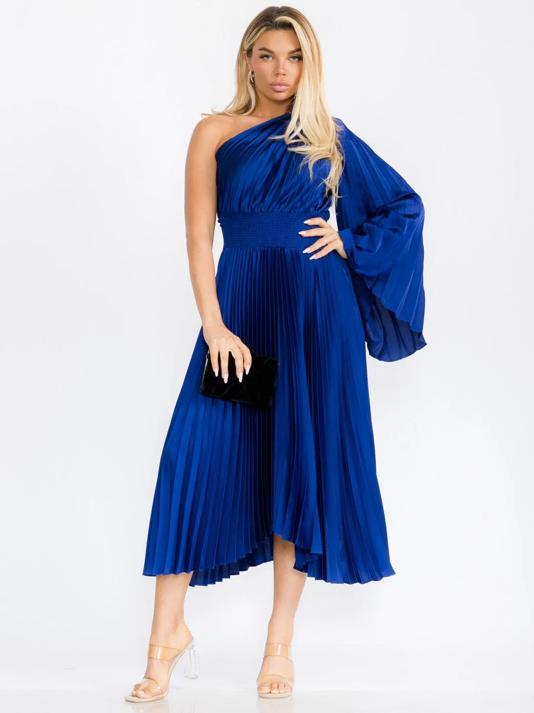 WOMEN'S ONE SHOULDER LONG BELL SLEEVE SMOCK WAIST PLEATED MAXI DRESS